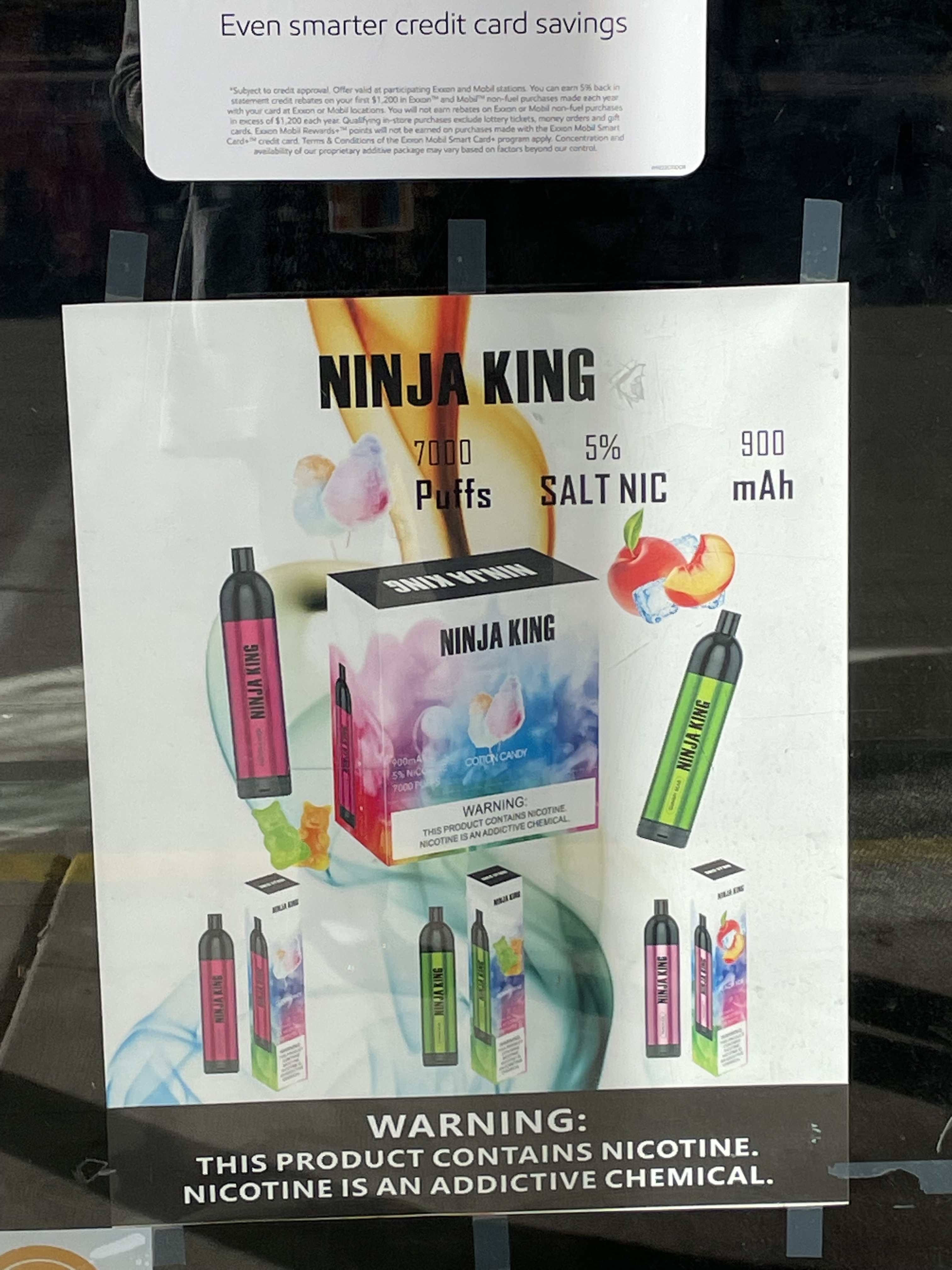 Ad for Ninja King e-cigarettes featuring cotton candy, gummy bears, and peaches 