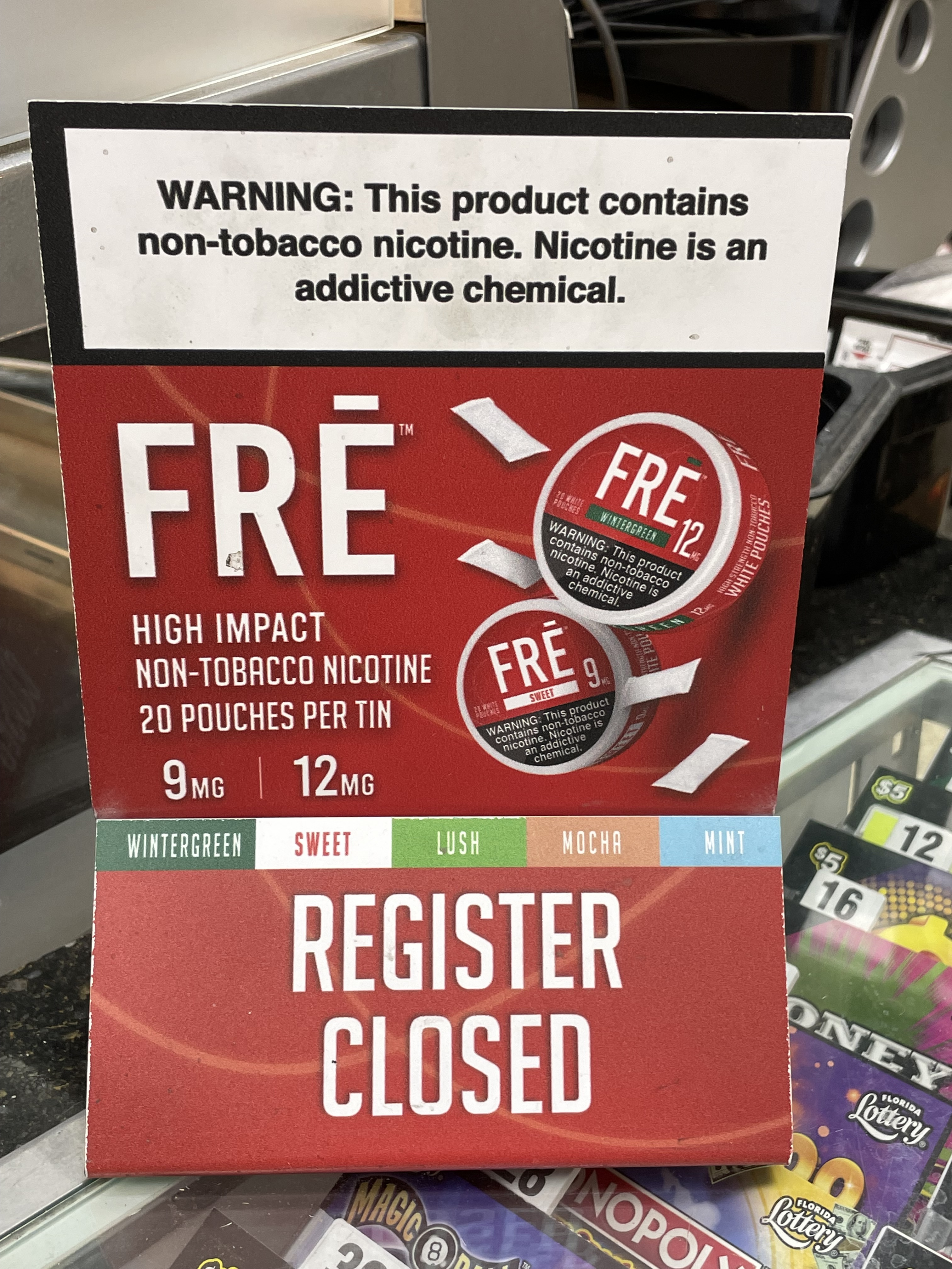 countertop ad for Fre nicotine pouches 