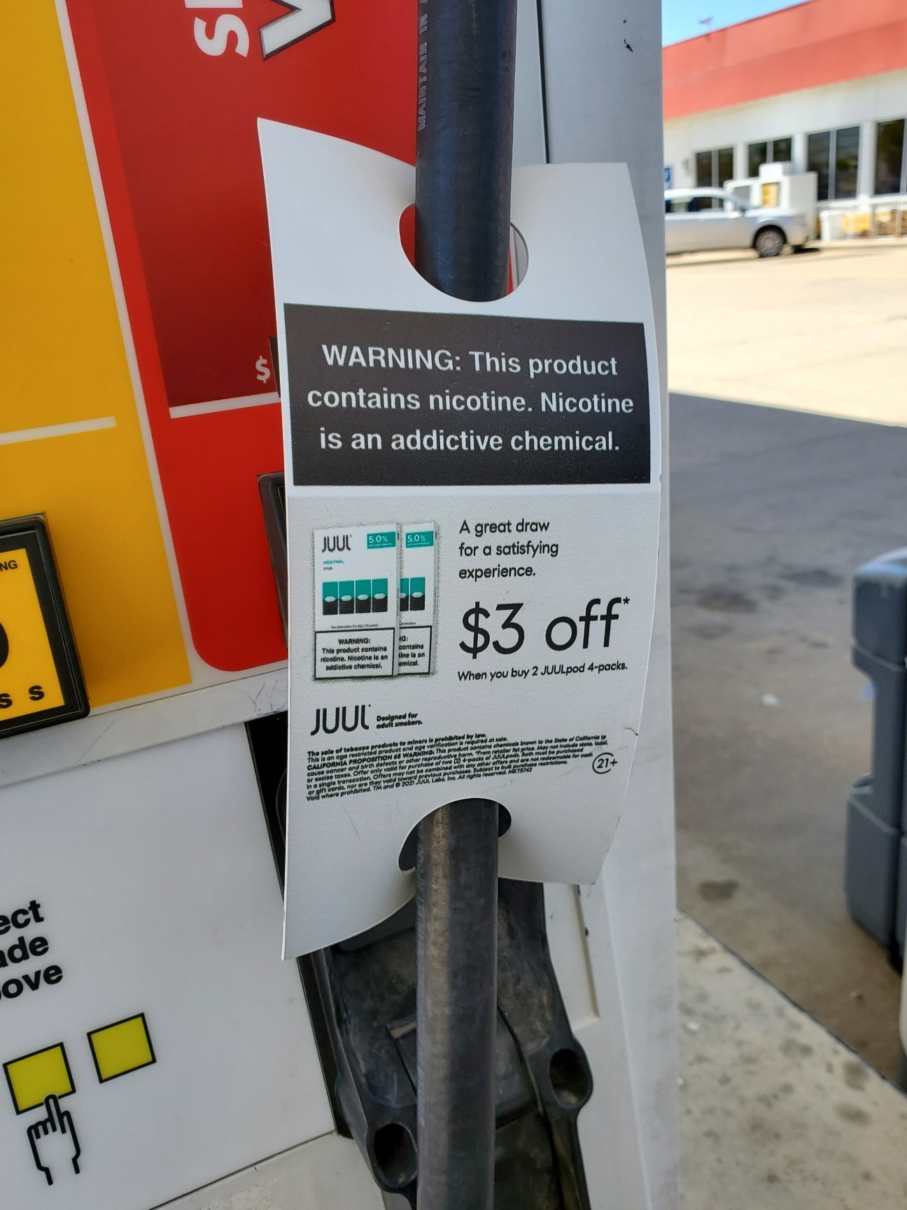 advertisement at gas pump for $3 off Juul