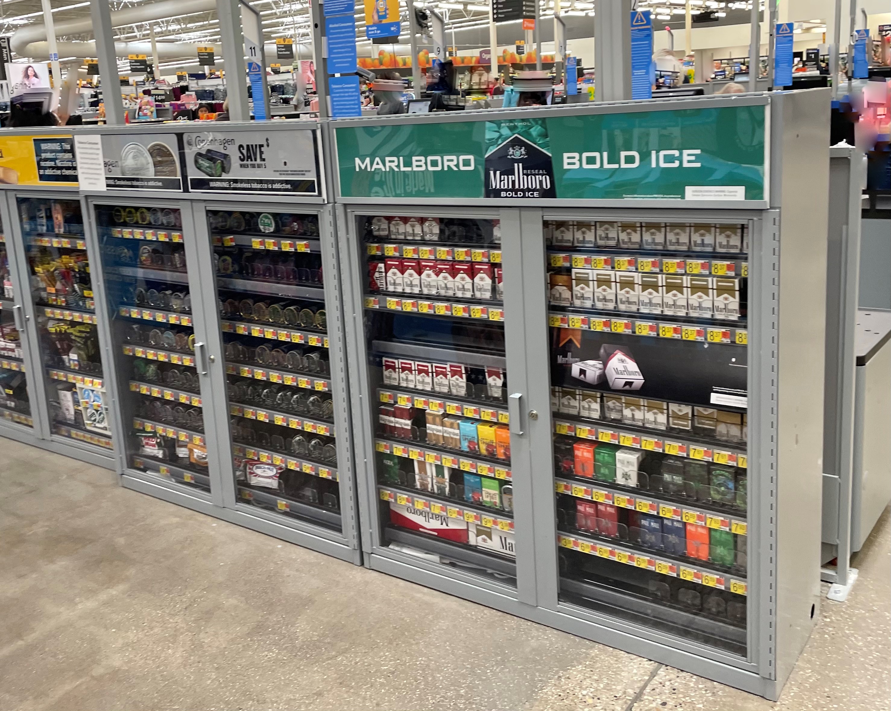 display of tobacco in a Walmart store