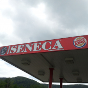 Cobranding on gas island ceiling: Seneca Smoke Shop and Burger King