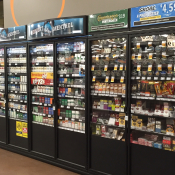 Tobacco Power Wall at end of self-check-out lanes at a Kroger grocery