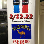 Found on gas station pump outside of Omaha. Powerade and cigarettes on the same sign. Nice.