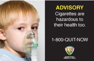 Jefferson County, AL graphic health warning with image of small child with an oxygen mask and the text "Advisory: cigarettes are hazardous to their health too. 1-800 QUIT-NOW"