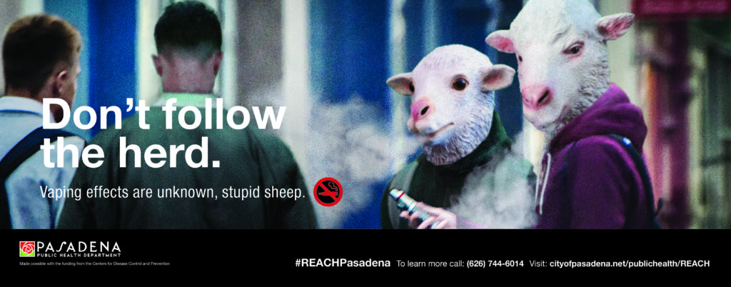 Sheep as people. "Don't follow the herd. Vaping effects are unknown, stupid sheep." 