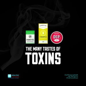 The many tastes of toxins. Image of menthol cigarettes, flavored cigarillos, flavored dip.