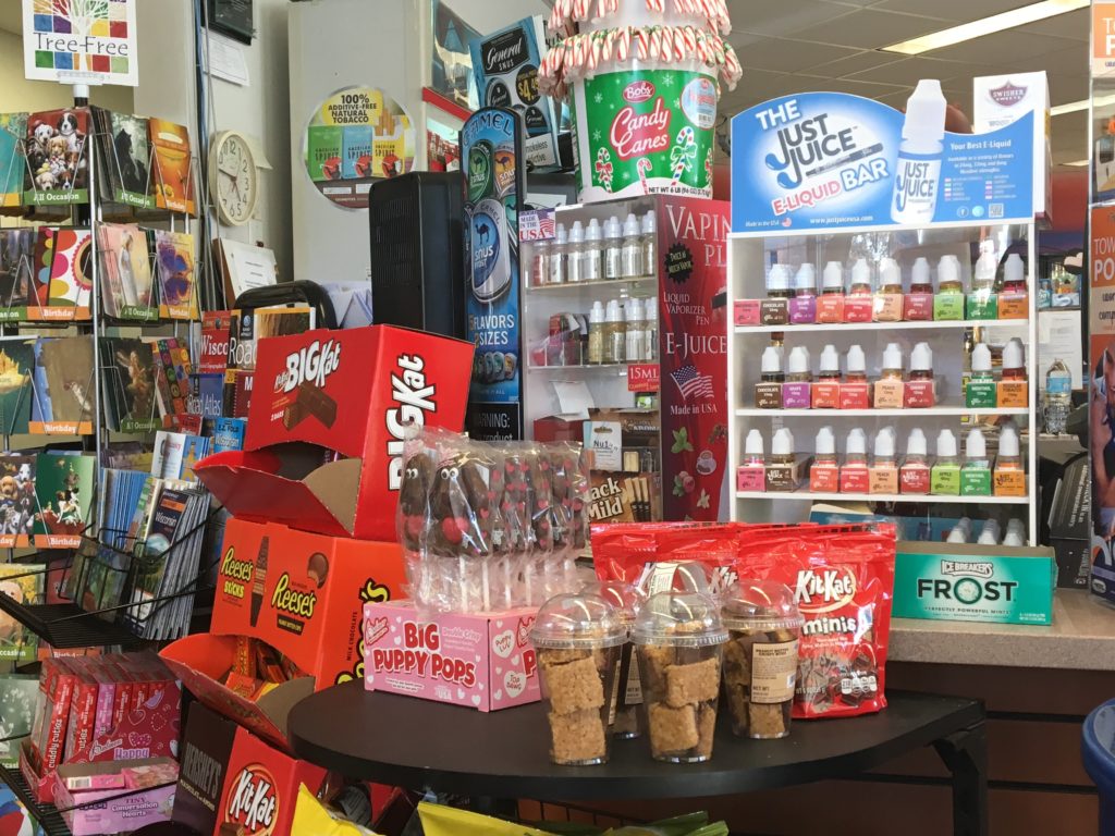 E-juice and snus right next to candy canes, Kit Kats, and Reeses Pieces 