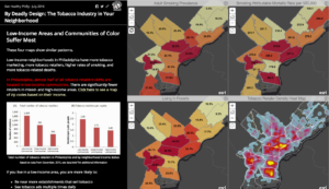 A screenshot from Get Healthy Philly's interactive "By Deadly Design: The Tobacco Industry in Your Neighborhood" showing the disparate rates of retailer density corresponding to tobacco use rates, mortality, and poverty