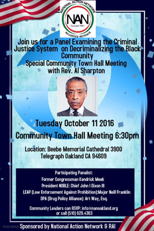 Poster for a Community Tall Hall Meeting hosted by the National Action Network. "Join us for a Panel Examining the Criminal Justice System on Decriminalizing the Black Community" with Rev. Al Sharpton