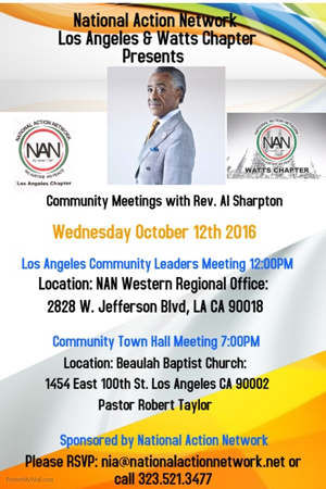 Poster for "Communinty Meetings with Rev. Al Sharpton" sponsorted by National Action Network 