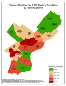 Map of tobacco retailers per 1,000 daytime population by planning district in Philadelphia. Density is highest in the North and West districts, which have more than 3 retailers per 1,000 daytime persons, while several other districts have less than 1 retailers per 1,000 daytime persons 