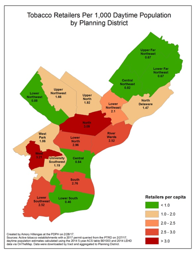 Map of tobacco retailer density in Philadelphia showing disparities in retailer density between planning districts 