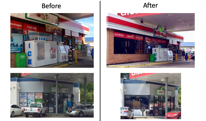 Before and after photos of two tobacco retailers in Orangeburg County. In the "Before" photos, the windows are plastered with ads for alcohol, tobacco, adn other products. In the "After" photos, the windows are mostly clear of advertisements. 