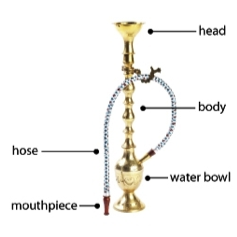 hookah with different parts labeled (head, body, water bowl, hose, mouthpiece)