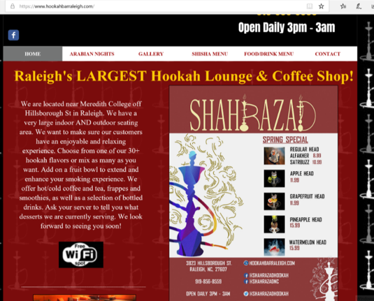 website homepage for a hookah lounge & coffee shop near a college in Raleigh, NC