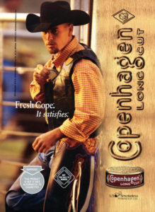 Copenhagen long cut smokeless tobacco advertisement featuring a cowboy "Fresh Cope: It satisfies"