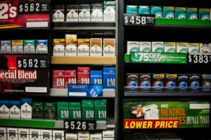 Wall display of discounted menthol cigarettes and other cigarette products
