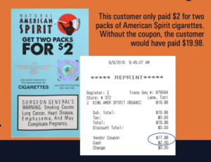 Image of receipt of customer paying only $2 for 2 packs of American Spirit cigarettes instead of the full cost of $19.98