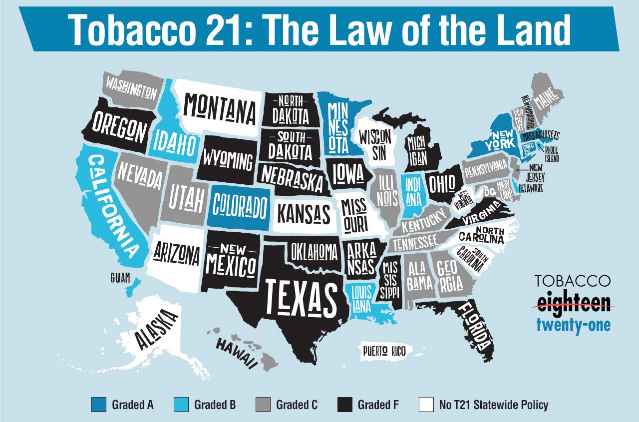 Map of states that have Tobacco 21 laws 
