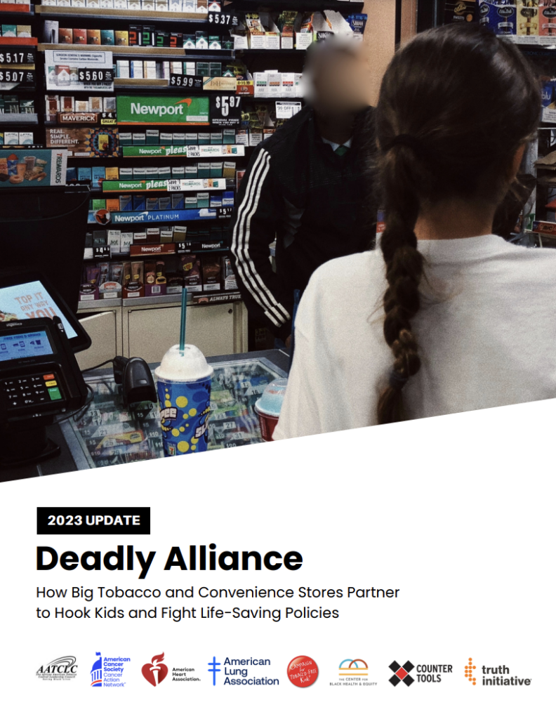 Deadly Alliance report cover with young girl at convenience store counter with a powerwall of tobacco products behind it. 